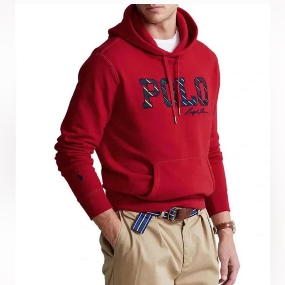 Polo Ralph Lauren Red Varsity Striped Logo Hoodie Sweatshirt Size M